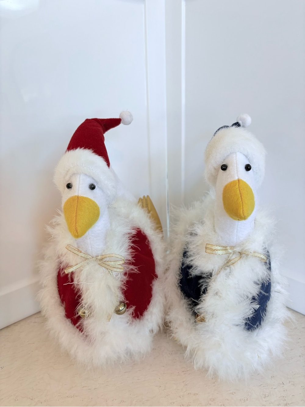 Festive Plush Stuffed Bird Ducks - Red, Blue Santa Hats Gold Wings